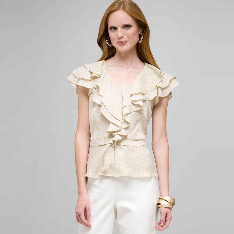 Polka Dot Ruffle Front Button Down Shirt, , large